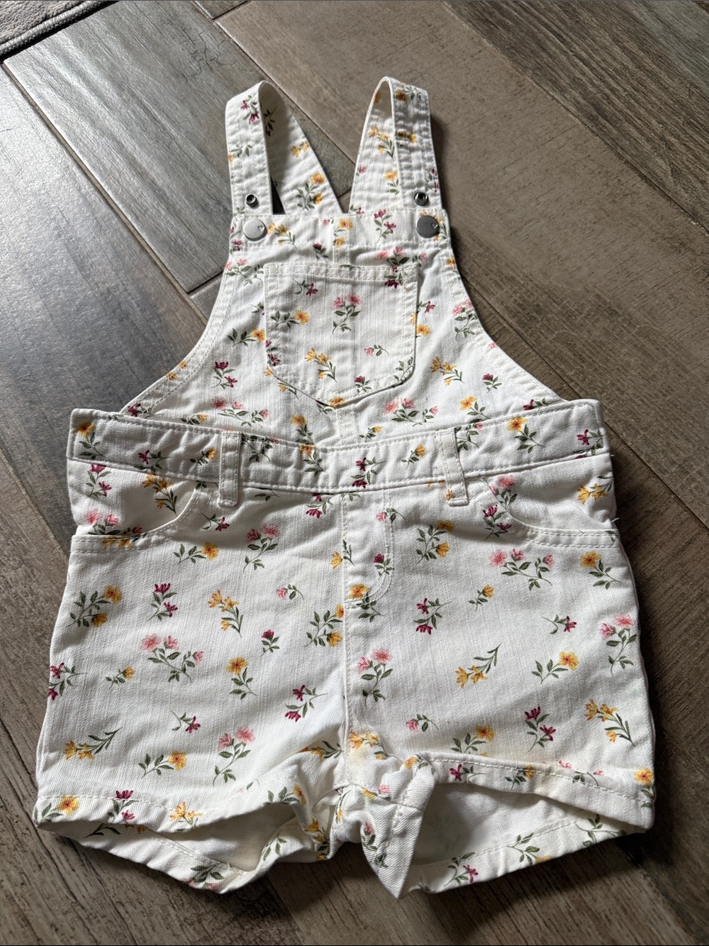 Girls' White Floral Short Overalls with Adjustable Straps